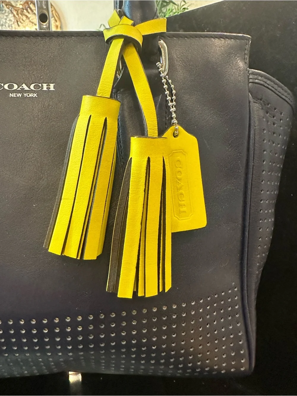 Coach#348 Legacy  Candance Perforated Navy Leather Satchel with Yellow Tassel